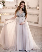 sequin maternity evening dresses pregnant women with tulle sleeveless a line sexy v neck illusion prom party gown plus size 2021