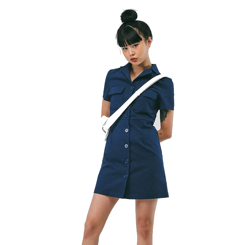 

Clever Odd Girl Korean Retro Simple All-Match Solid Color Short Sleeve Single-Breasted Suit Lapel Shirt Dress for Women Spring