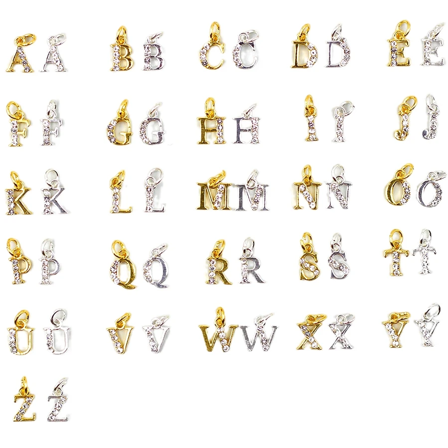 10/26PCS Diamonds Beaded Alloy Pendant 26 English Alphabet Letter Piecing Rings Metal Nail Art Rhinestones Charms Decorations