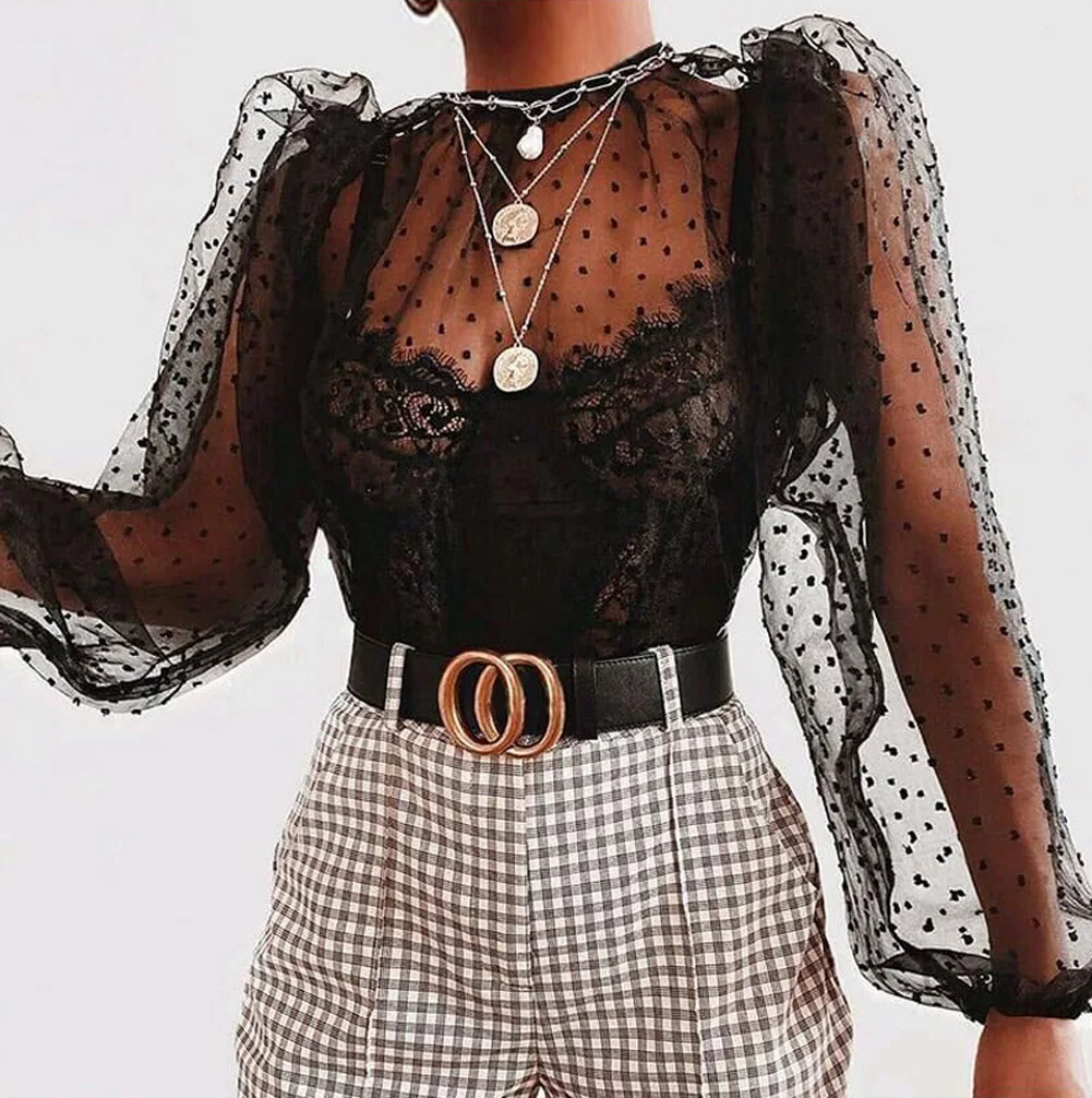 

Womens Transparent Fashion Mesh Sheer Shirt Long Sleeve Top Blouse See through Lace Mesh Sheer Long Sleeve Shirt Female Blusas