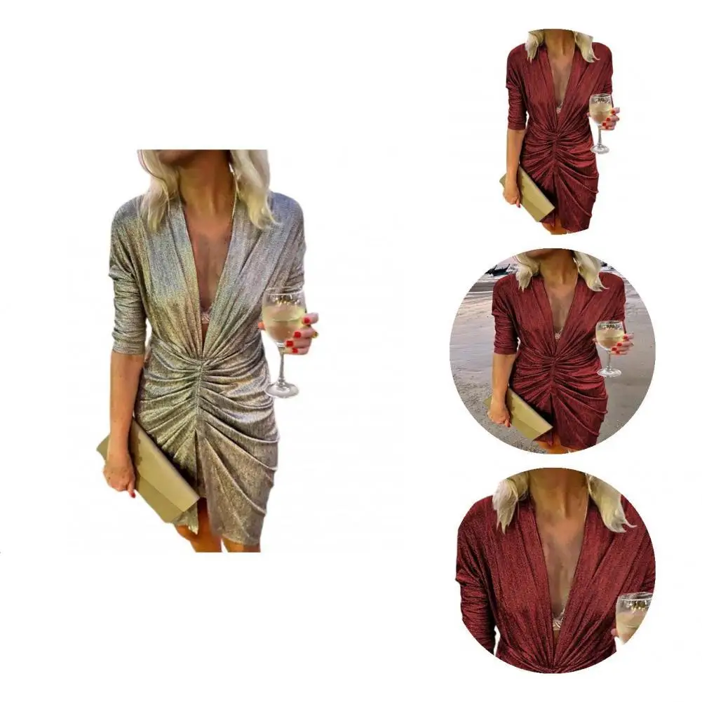 

Popular Split Above Knee Length Dress Bodycon Dress Ladies Deep V Neck