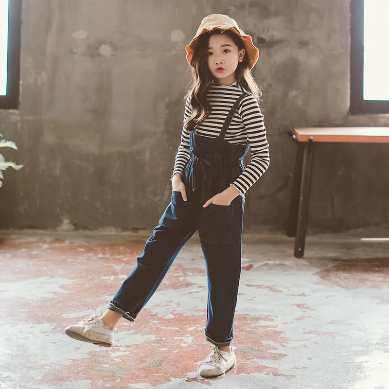 Модные осенние комплекты детской одежды для девочек 2020 г. Полосатая футболка +