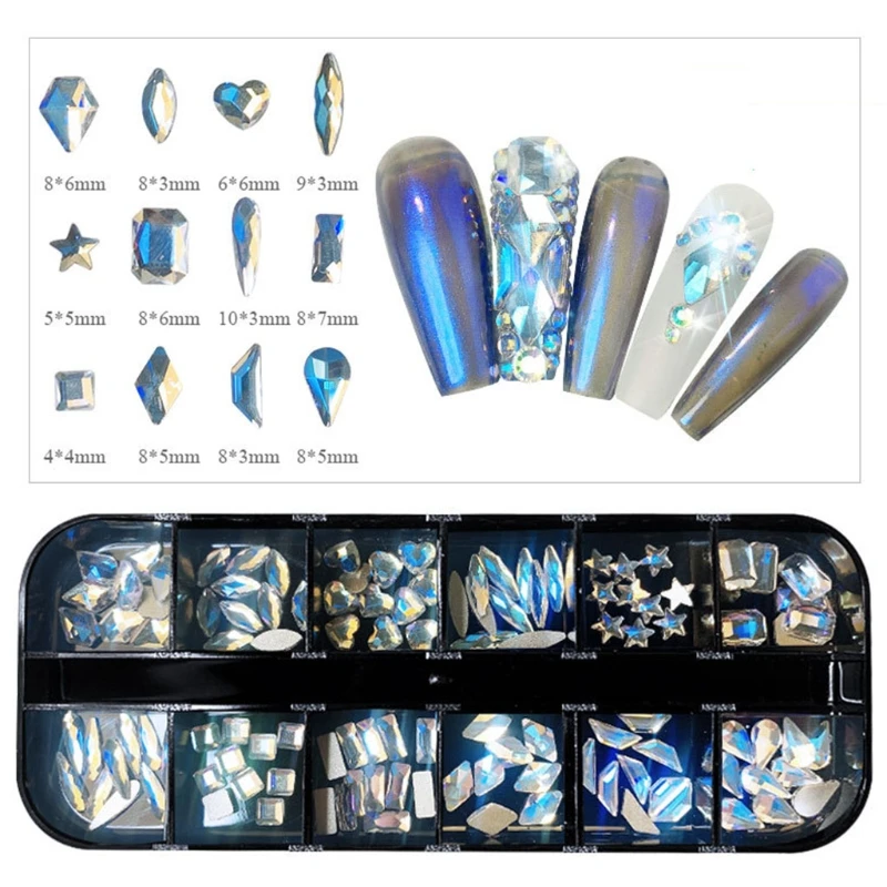 

Q1QD 12 Grids Glass Nail Art Decorations Multi-Shape for Nails Ornaments Manicure Tips Decor DIY Crafts Accessories