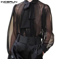 incerun men shirt mesh see through lapel long sleeve camisas with tie streetwear 2022 folds solid sexy party men clothing s 5xl