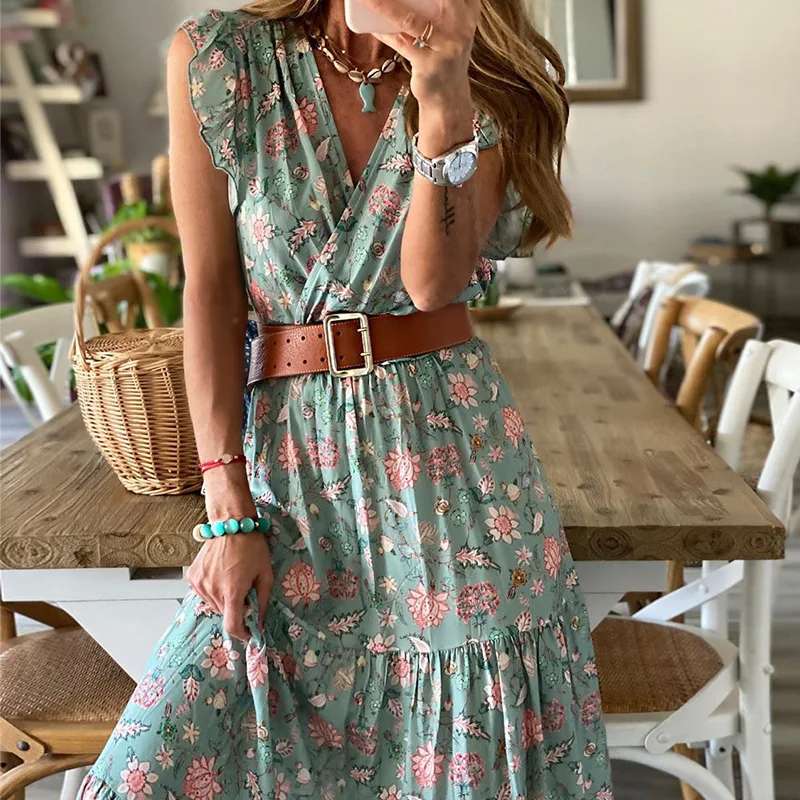

Boho Floral Print Maxi Dress with Belt Women Summer Beach Ethnic Vestidos Ladies Long Dresses Female 2021 Spring New