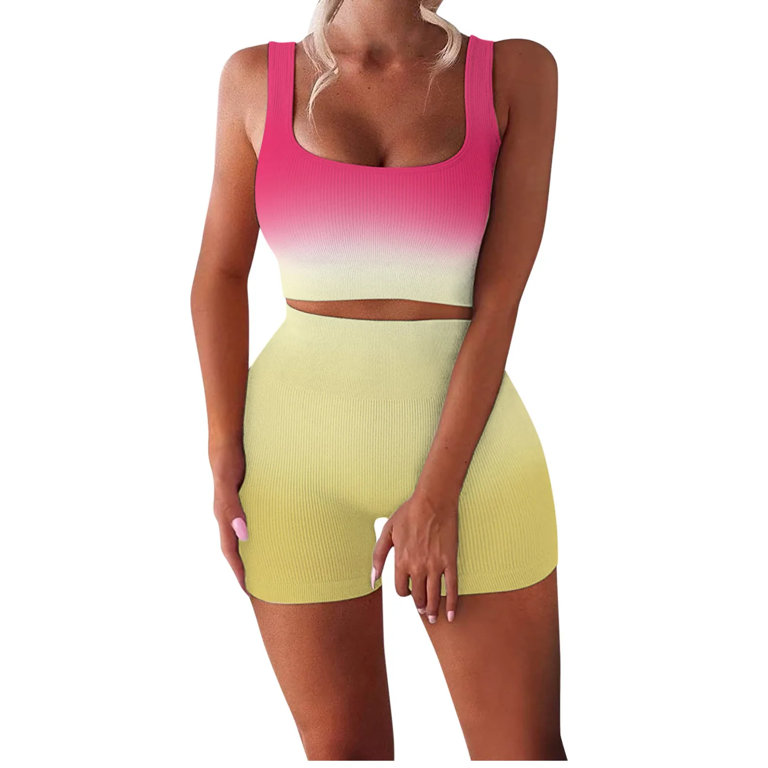 

Yoga Suit for Fitness 2021 Workout Clothes Women Workout Sets 2 Piece Seamless Ribbed Tank High Waist Shorts Yoga Outfits
