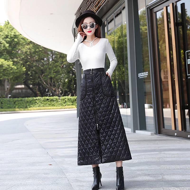 Большие размеры пуховые хлопковые черные макси юбки для женщин зима 2019 высокая