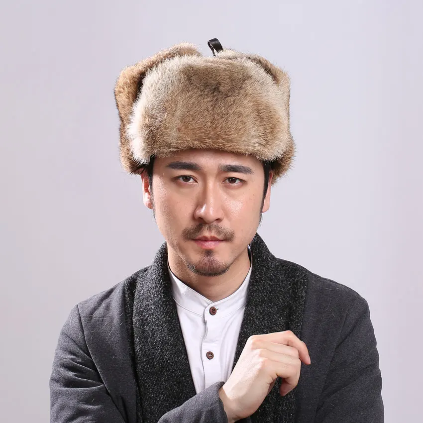ICYMI Thick Warm Bomber Hat Men Real Rabbit Fur Earflap Trapper Russian Cap Male Plus Size Winter Hats for Men Ski Russian Hat