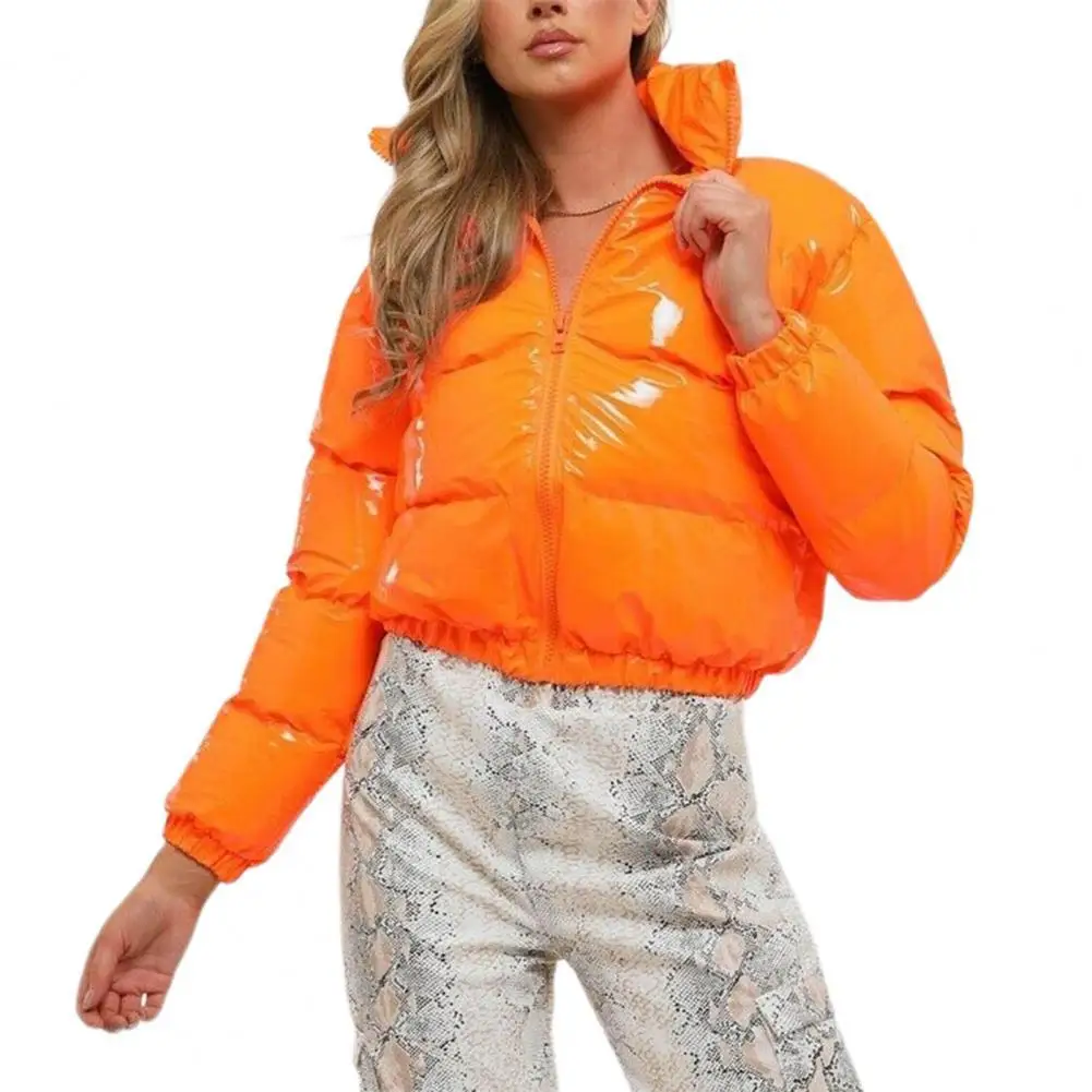 

Cotton Women Jacket Bright Surface Smooth Zipper Stand Collar Quilted Coat for Autumn Winter
