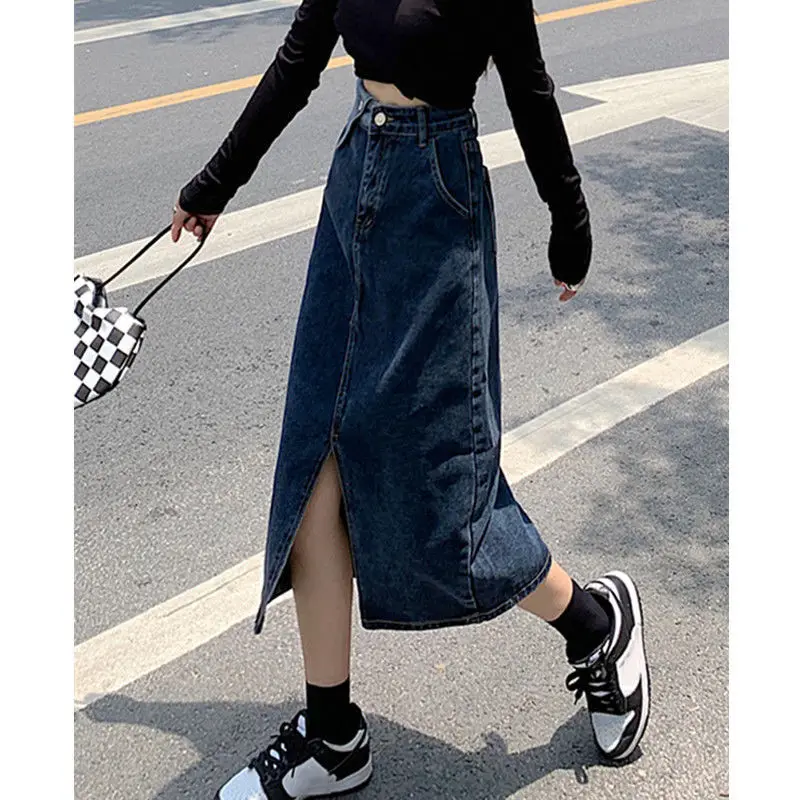 

Женская джинсовая юбка большого размера T2021, новая Корейская юбка средней длины с высокой талией для похудения, с разрезом спереди