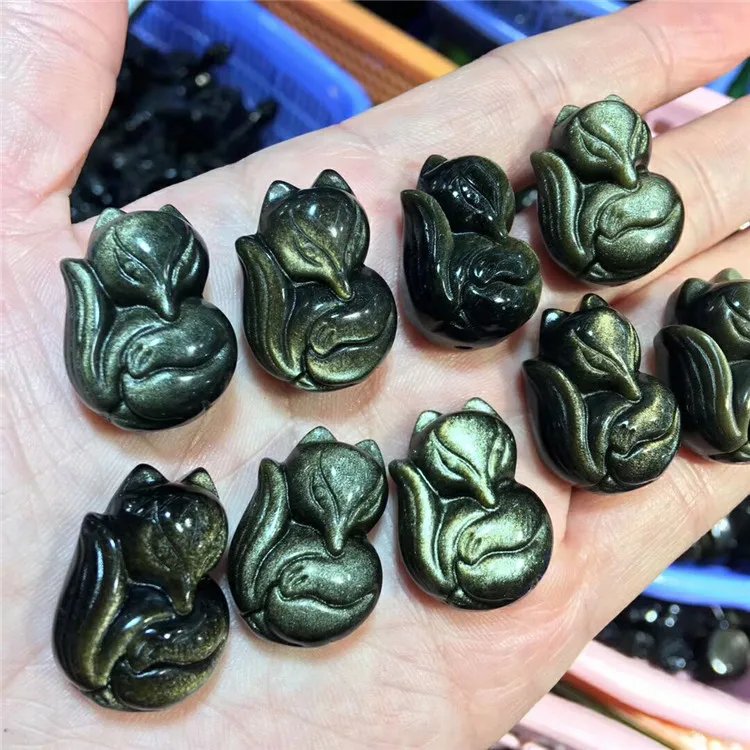 Natural gold obsidian fox carving pendant DIY men and women's other crystal accessories wholesale