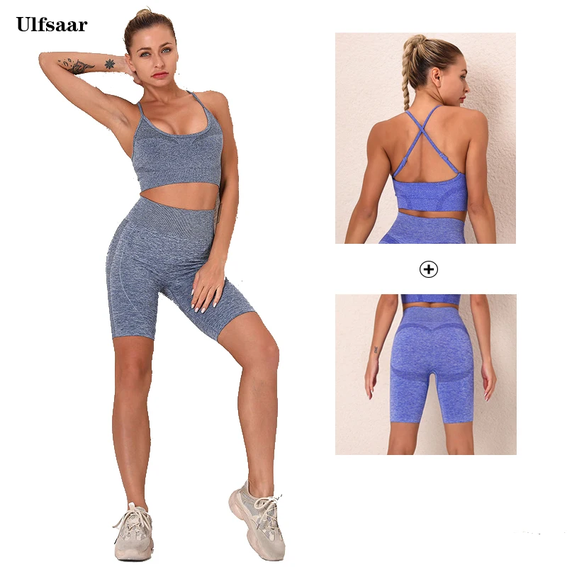 

2pcs/Set Biker Shorts Bra Sets Women Seamless High Waisted Shorts Shockproof Sport Bra Wear Outdoor Women Sports Gym Slim Set