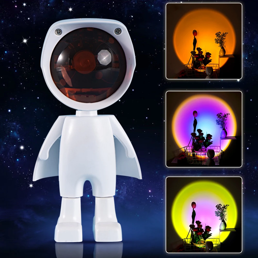 

LED Projection Light Rainbow/Sunset/Sun Robot Figure Colour Atmosphere Lamp for Home Bedroom Coffe shop Background Wall Decor