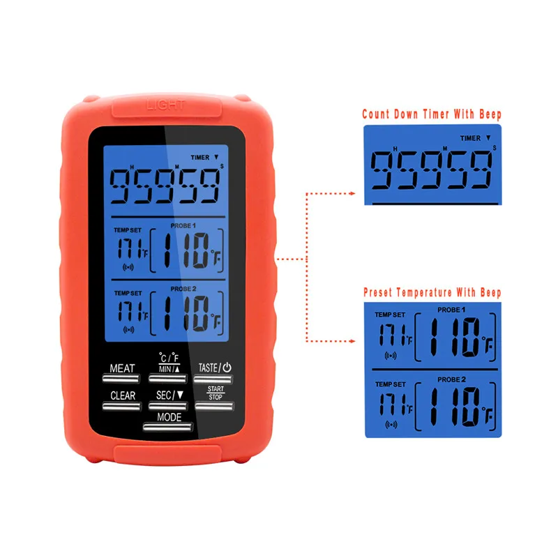 

RF:70m Wireless Thermometer Dual Temperature Double Needles Oven BBQ Grilling Barbecue Kitchen Thermometer With Timer Alarm