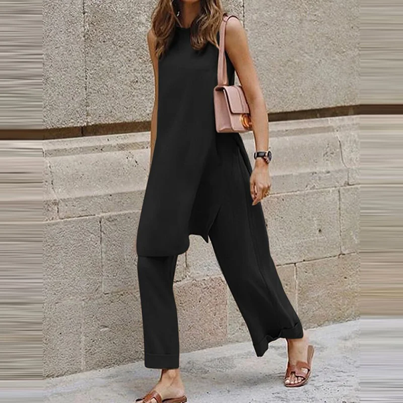 

Женский спортивный костюм из двух предметов, повседневный свободный однотонный костюм из топа без рукавов с разрезом и широких брюк с высок...