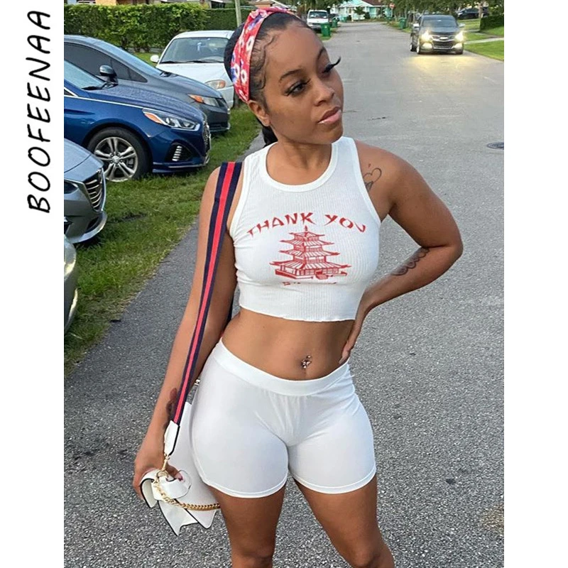 BOOFEENAA Женский комплект из 2 предметов в рубчик уличная одежда с укороченным топом