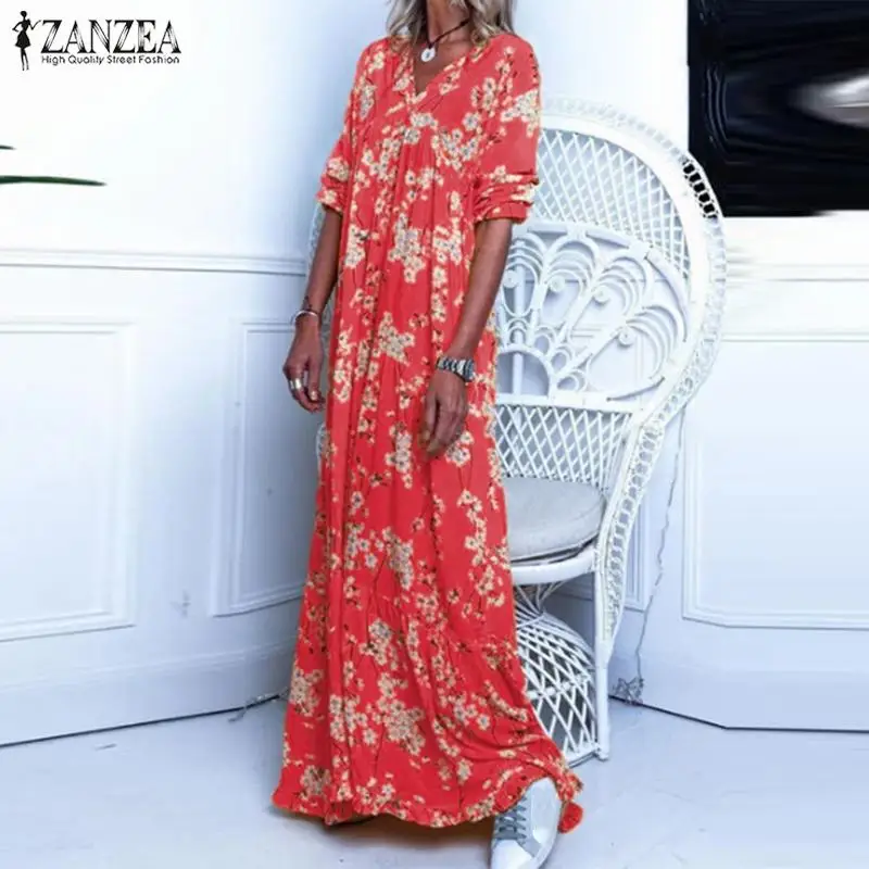 ZANZEA Women Bohemian Dress Autumn V neck Long Sleeve Floral Printed Sundress Casual Vintage Party Maxi Vestido Robe Femme | Женская