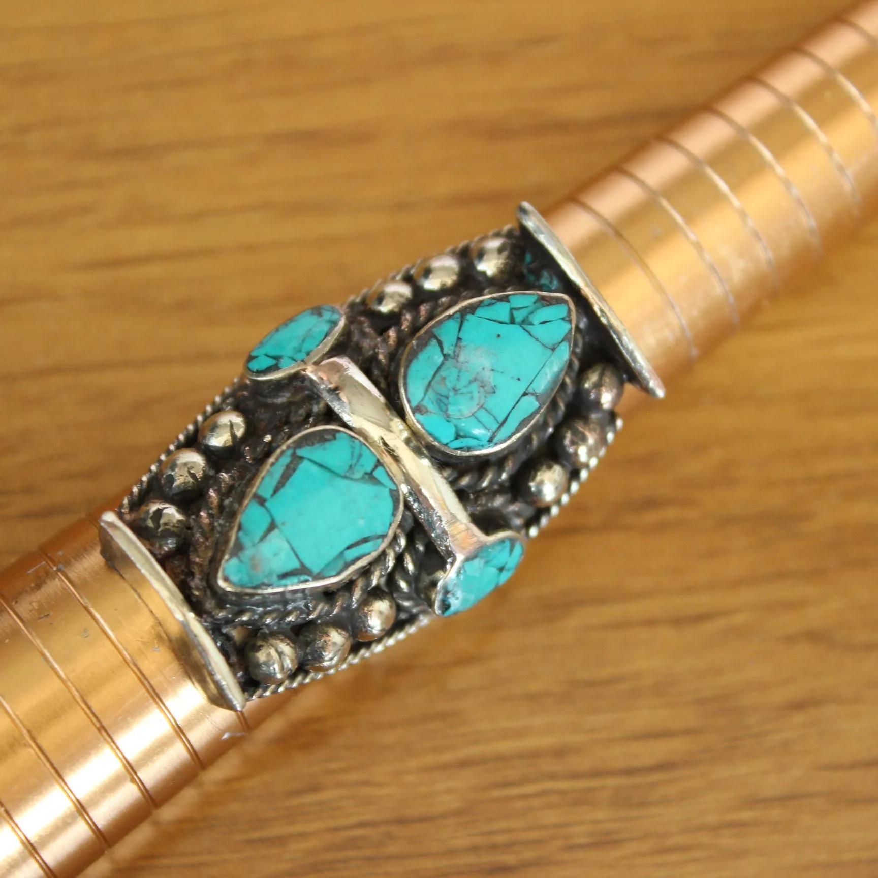 Anillo de dedo superancho tibetano Vintage RG348, hecho a mano, de cobre con incrustaciones de turquesas naturales, para pulgar