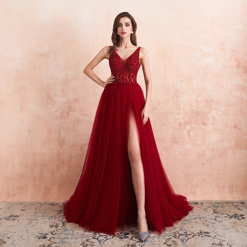 

Beading Prom Dresses 2021 Long Sexy V-Neck High Split Tulle Sweep Train Sleeveless Evening Gown A-Line Backless Vestido De 026