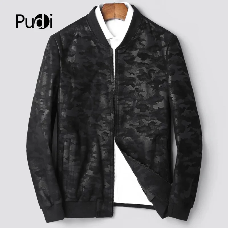 PUDI MT834 мужские новые модные камуфляжные Кожаные Куртки из натуральной овечьей кожи с воротником осенне-зимняя повседневная верхняя одежда