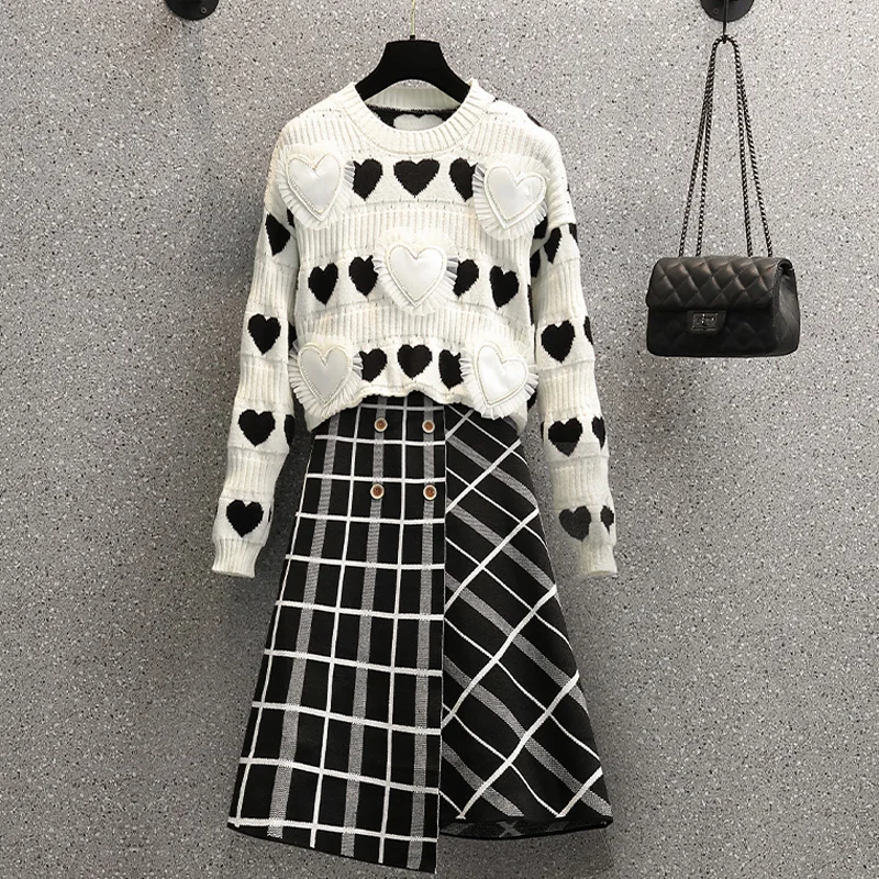 Зимний женский теплый вязаный костюм свитер топы и юбка средней длины в клетку