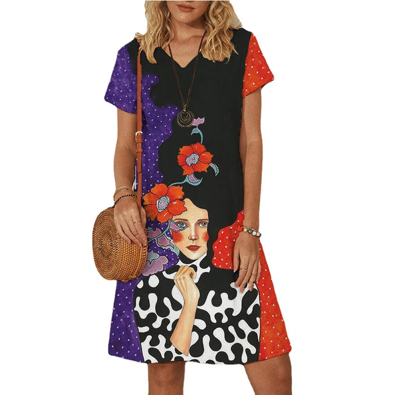 

Summer New Style Character Printing V-neck Short-sleeved Dress Women's Casual Loose Fashion Plus Size Dress Dress