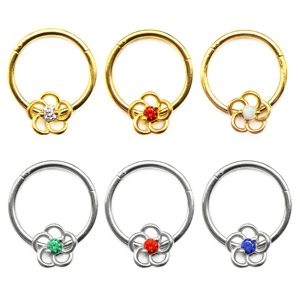 

316L Surgical Steel Flower Segment Nose Ring Zircon Septum Clicker Ear Cartilage Helix Daith Hoop Body Piercing Jewelry
