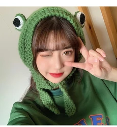 Green Frog Hat Crochet Knitted Hat Outdoors Autumn Big Eye Frog Knitted Winter Cute Ear Protective Beanie Hats Knitted Caps fleece lined beanie