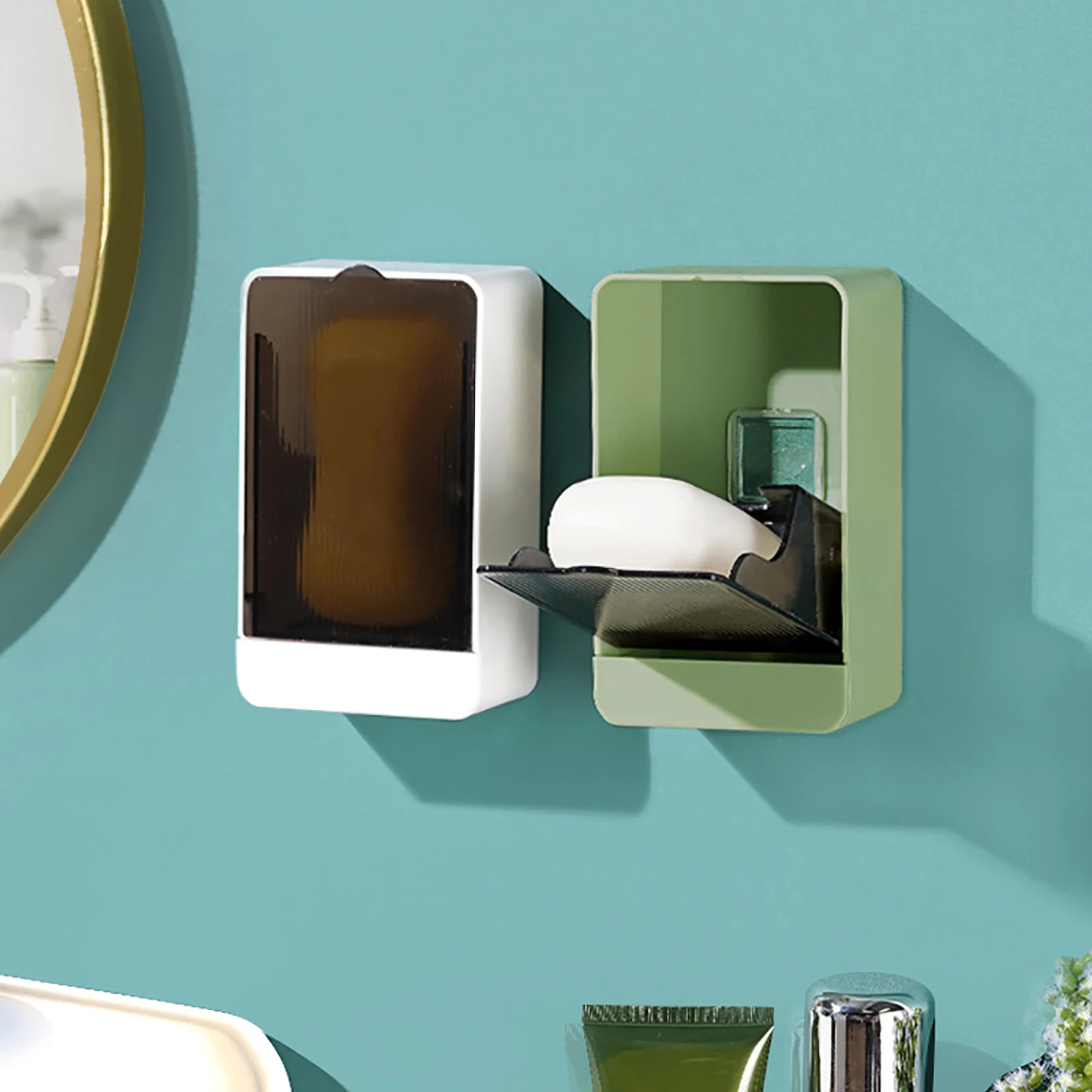 

2Pcs Creative with Cover Dust and Drain Soap Box Wall-mounted Soap Box Bathroom Sink Shelf Storage Holders Bathroom Accessories