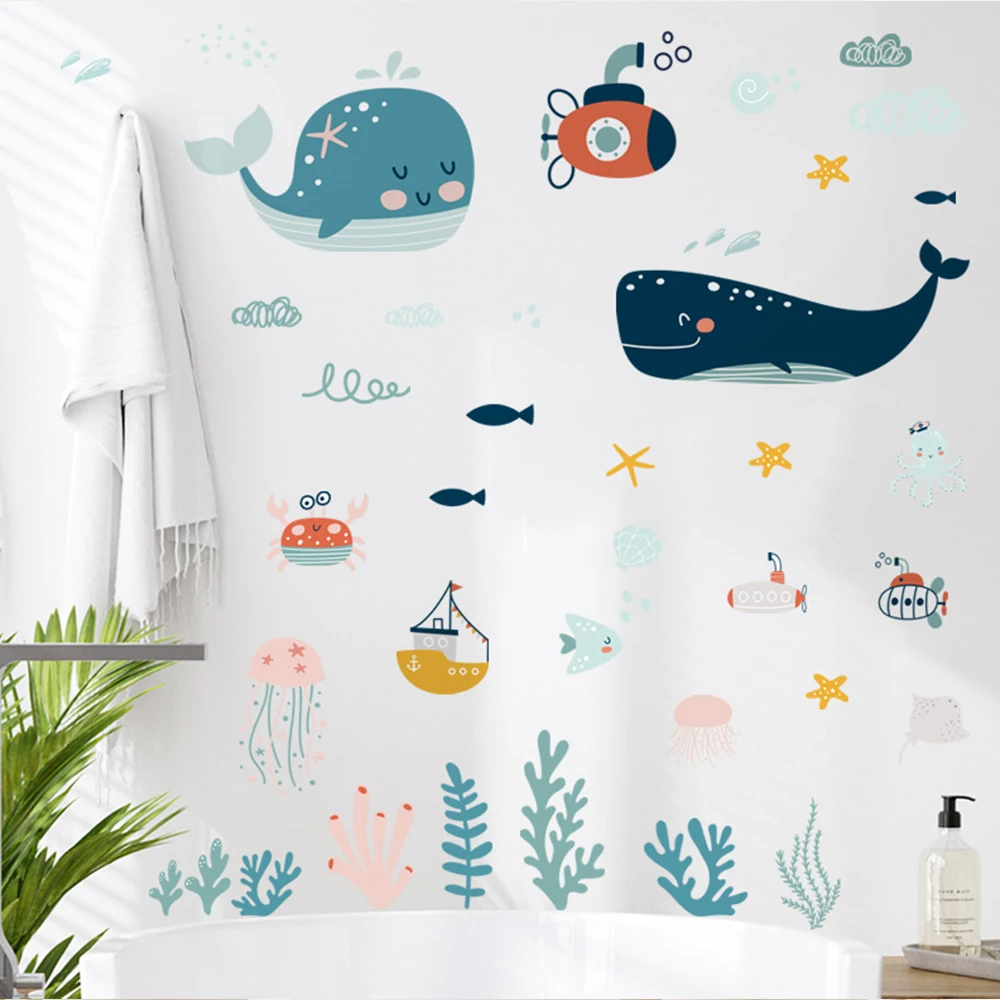 

Nordic Cartoon Whale Mural Art Decals wallpaper Stickers Underwater World Wall Sticker For Kid's Room Home Decoration Decals
