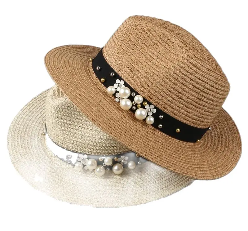 

New Women's Casual Ribbon Beads Pearls Decorative Sun Hats Ladies Paper Straw Hats Wide Brim Sunshade Caps Sombrer Top Hat