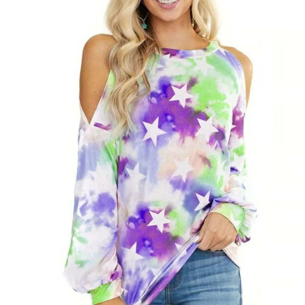 

Stars Print T Shirt For Women Long Sleeve O Neck Hollow Out Ladies Tops Pullover T-shirt Camisetas Mujer Plus Size Female Blouse