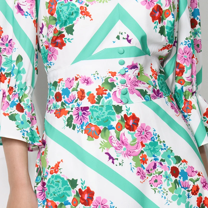 

TWOTWINSTYLE Vintage Hit Color Dress For Women V Neck Flare Sleeve High Waist Print Dresses Female Fashion New Clothing 2021