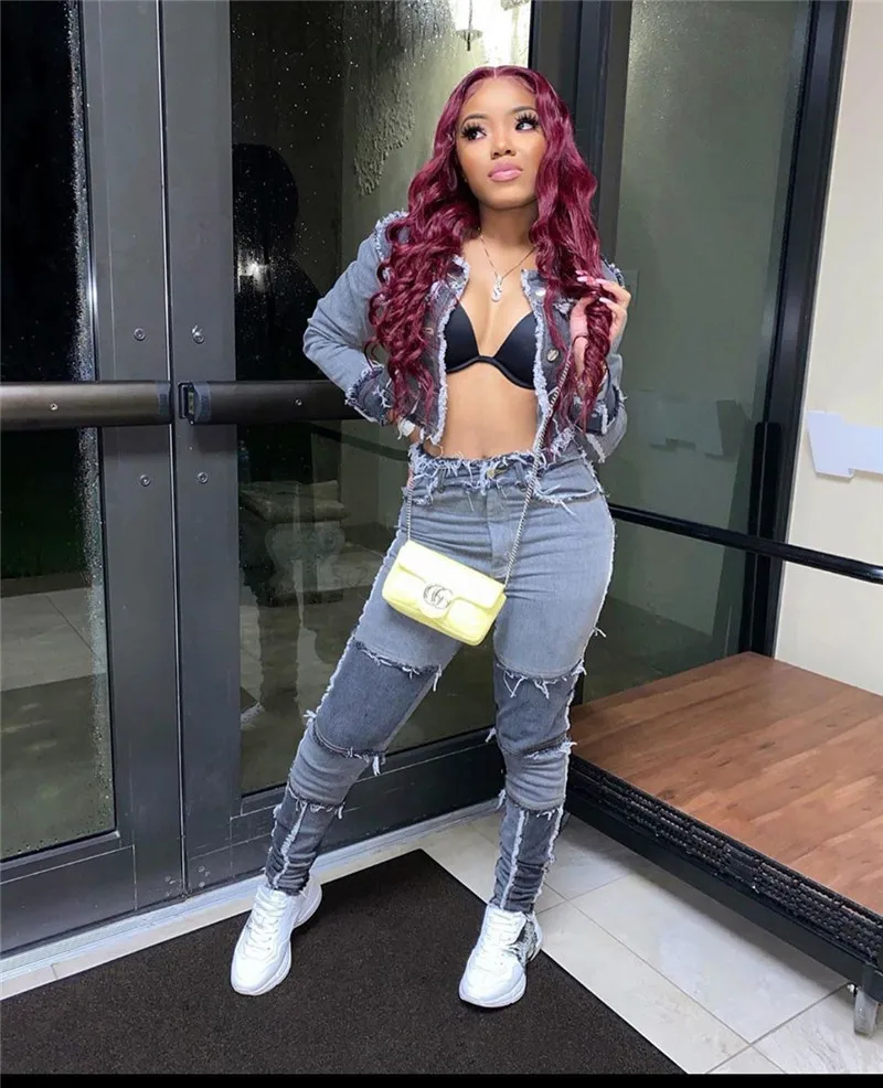 Женский джинсовый костюм Adogirl винтажный из двух предметов с потертостями