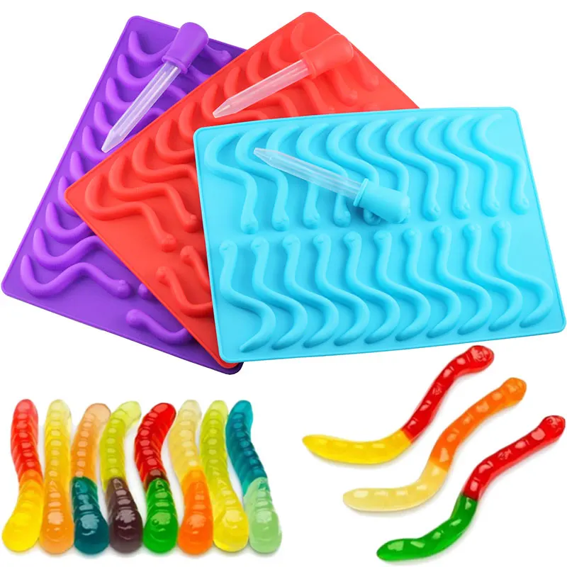 20 Cavity Silicone Gummy Snake Worms Chocolate Mold Sugar Candy Jelly Molds Ice Tube Tray Mold Cake Decorating Tools