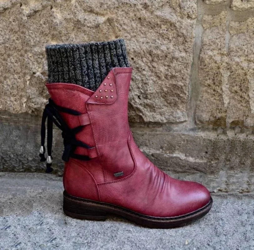 Women Boots Fashion Autumn PU Mid-Calf Boots With Back Lace-up Boots Solid Color Low Heels Shoes Botas Mujer Dropship