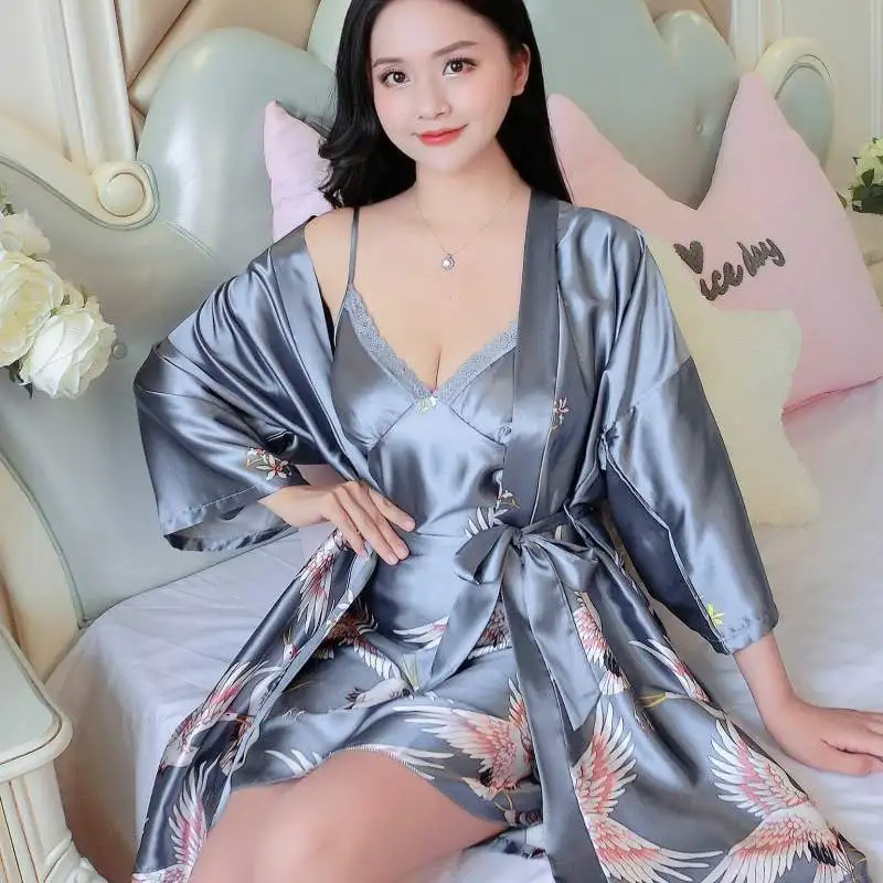 

Sexy Sleepwear Print Flower Women Kimono Gown Satin Bathrobe Nightdress 2PCS Nighty&Robe Suit Faux Silk Bridal Wedding Gift