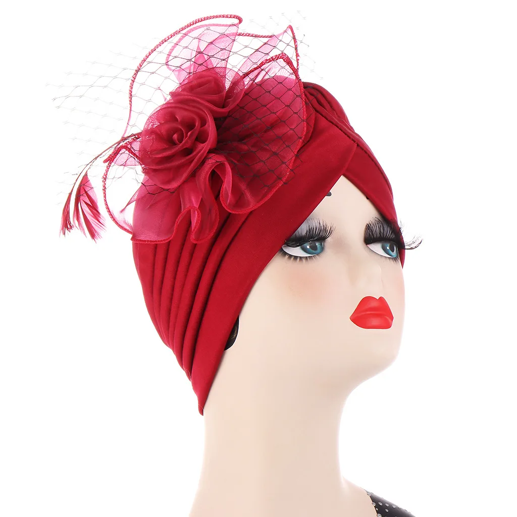 

Solid-coloured Feather Flower Turban Hat Bonnet for Women Muslim Headscarf Caps Wedding Party Headwear Church Hats Elegant