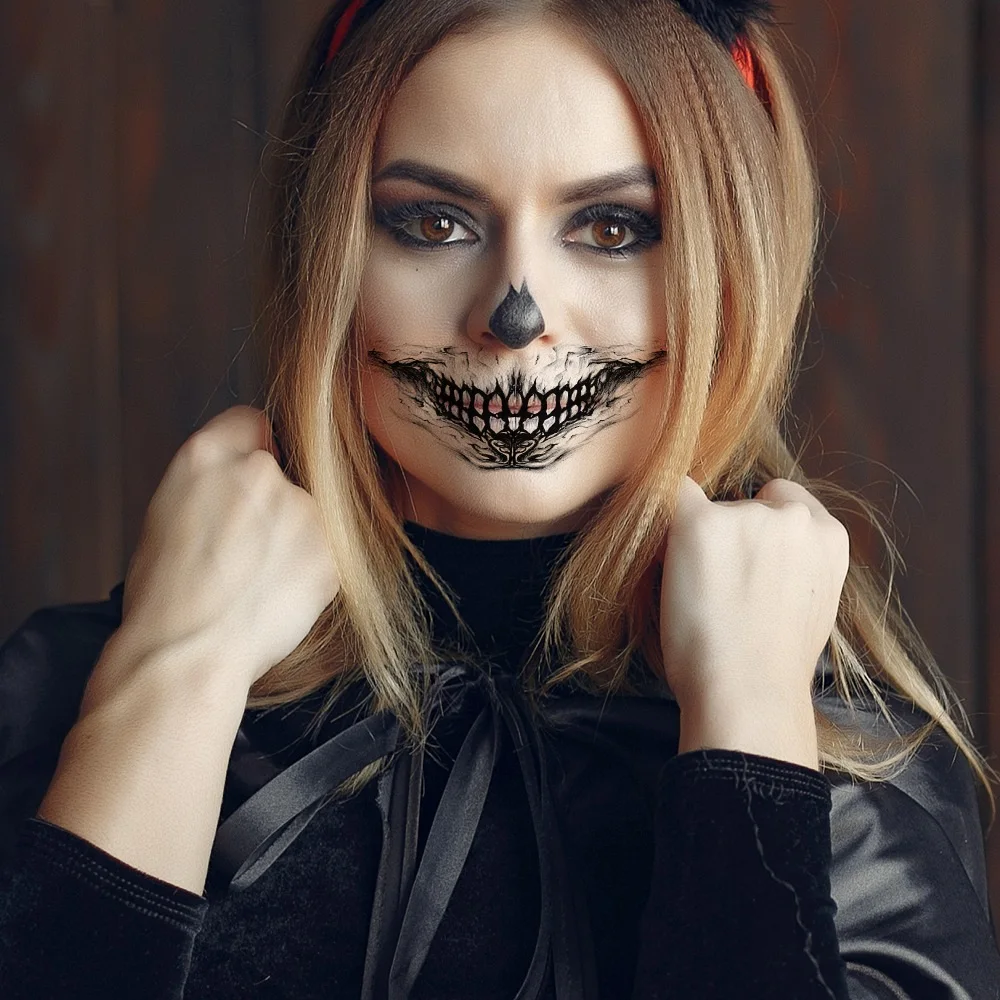 10PCS/SET Temporary Tattoos Halloween Scary Big Mouth Skull Teeth Body Art Disposable Stickers Party Show Men Women Kid Makeup | Красота и