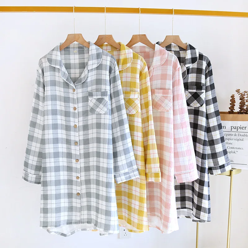 

New Summer Women's Pyjamas Long Sleeves Pure Cotton Women's Midlength Blouse Comfortable Gauze Over The Knee Home Nightgown