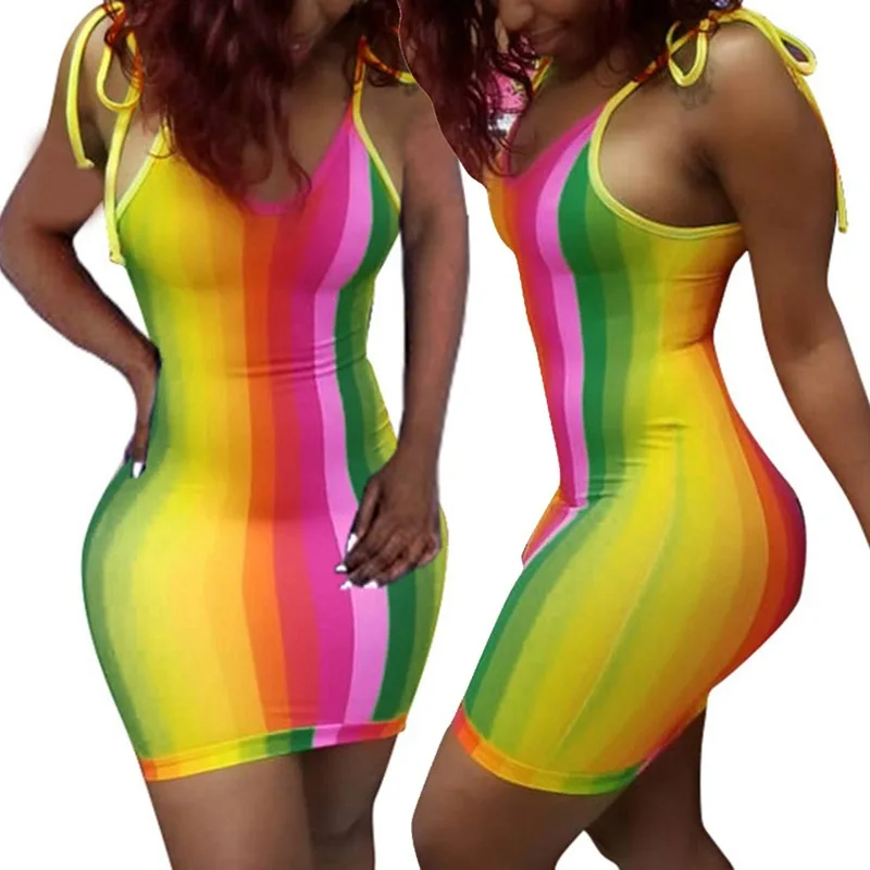 

Women Sexy Spaghetti Strap Tight Summer Dresses Off Shoulder Rainbow Stripe Print Mini Club Party Dress