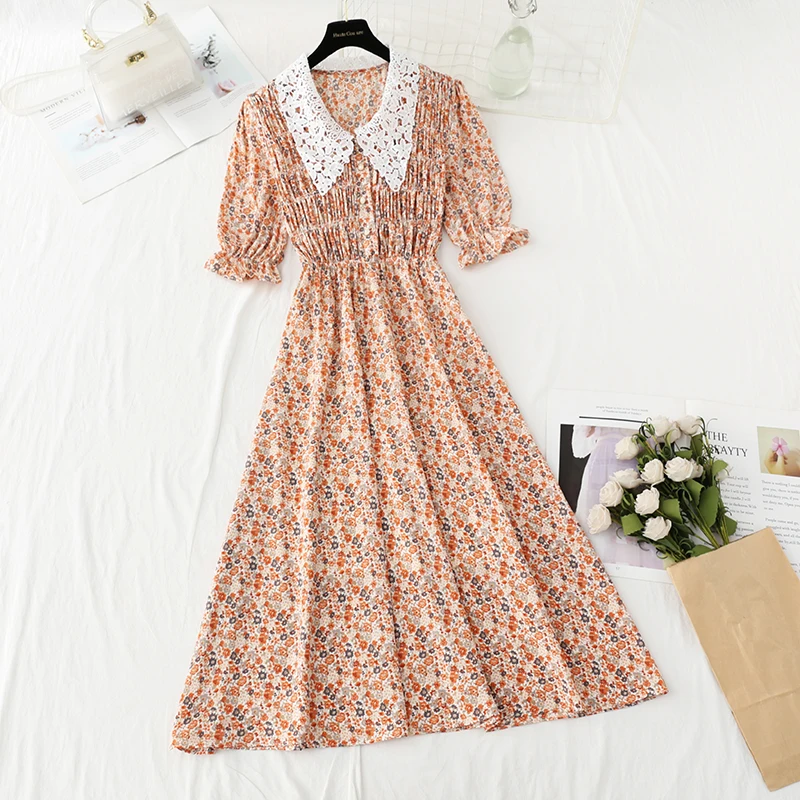 

Vintage French High Waist Slim Floral Print Long Dress Women Fashion Casual Elegant Korean Short sleeve Chiffon Dress Vestidos