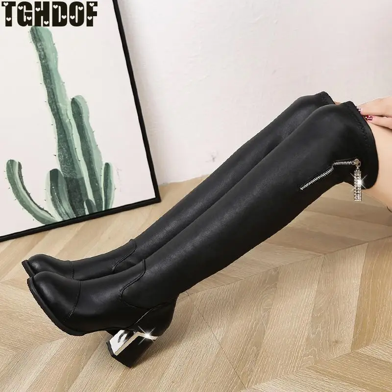 2021 Spring And Autumn Set Of Foot-to-the-knee High Boots Women Silver Square Heel Women's Leather Shoes Winter Stretch Leather