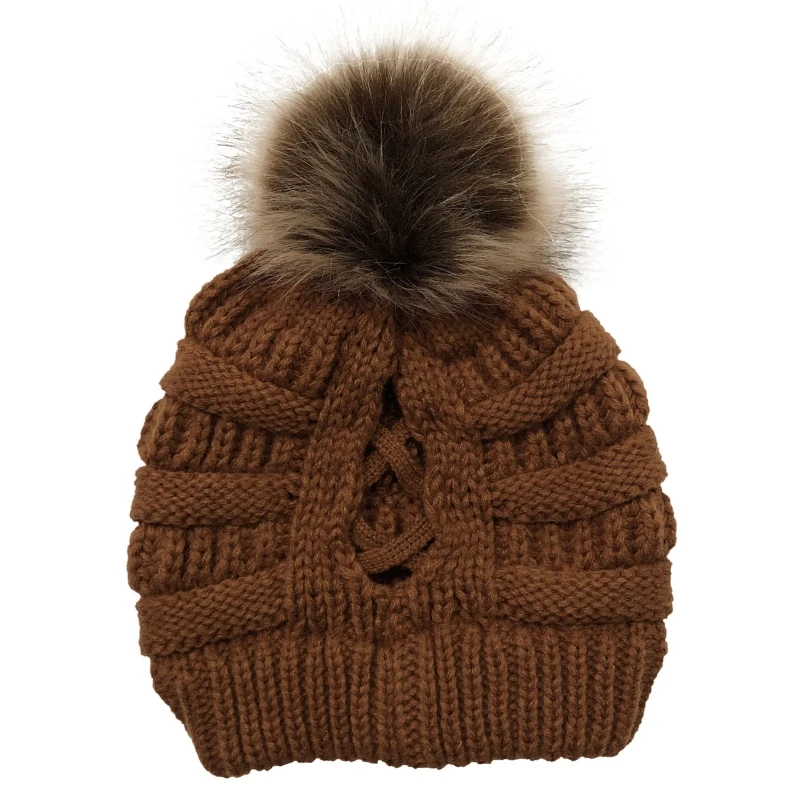 

Women Winter Knit Beanie Hat with Removable Pompom Crisscross Ponytail Skull Cap X5XA