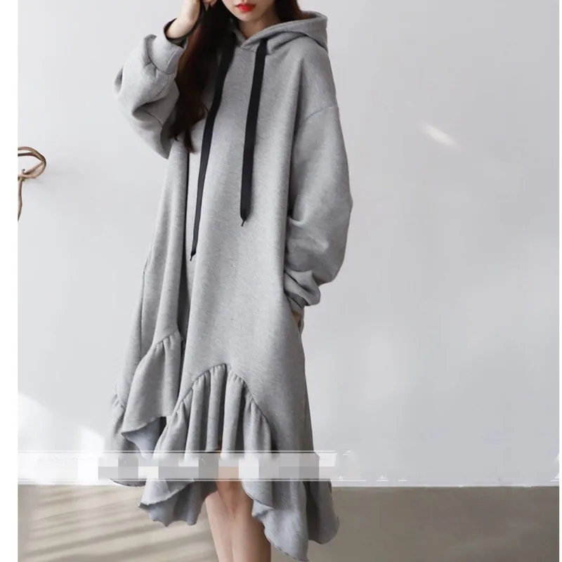 

2020 Autumn New Ladies Korean Version Preppy Style Solid Long Sweater Fleece Knee Length Dress Irregular Edges Women