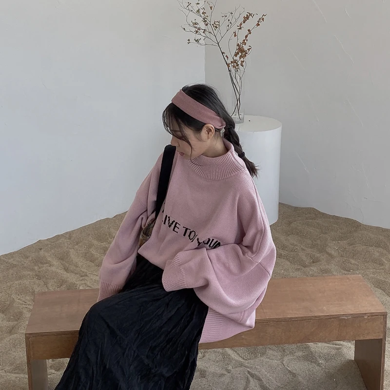 

2020 Winter Korean Women Oversize Knitted Sweater Half-turtleneck Thick Bat Sleeve Black Pink Sweaters Pullover Loose Jumper