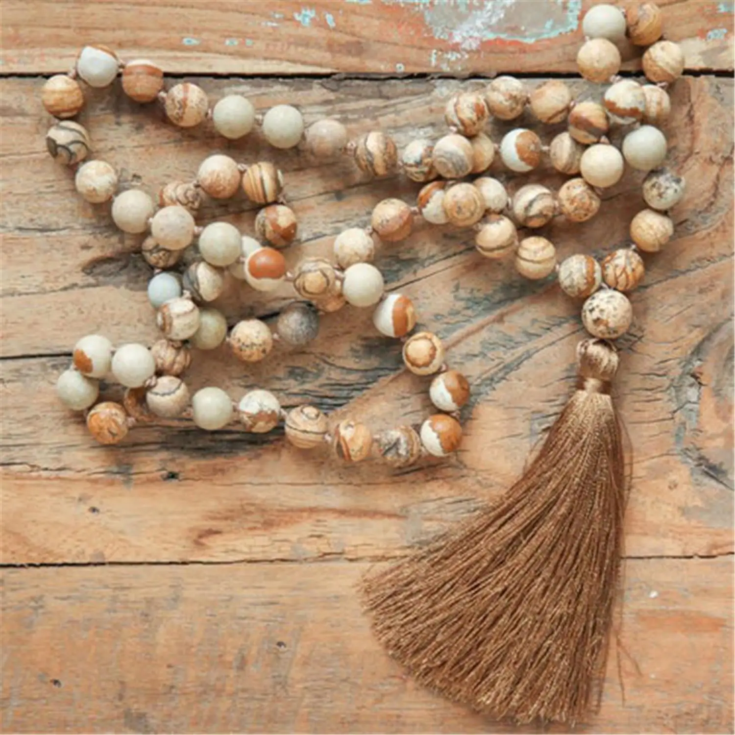 

8mm picture jasper Gemstone 108 beads Mala tassel necklace Meditation Chakra Spiritua Retro Yoga Religious