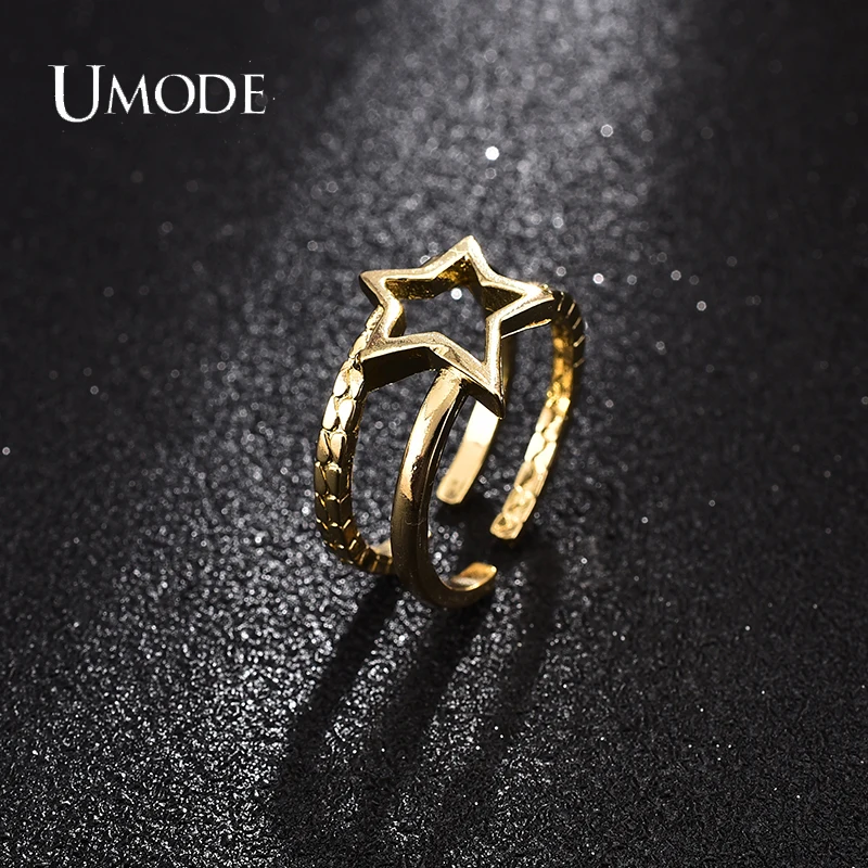 

UMODE NEW Double-Layer Irregular Hollow Star Ring for Women Femme Adjustable Wedding Rings Gold Color Fashion Jewelry UR0614