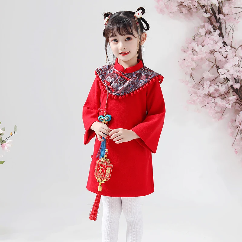 Стеганое платье Hanfu для девочек зимнее теплое детское шерстяное красное