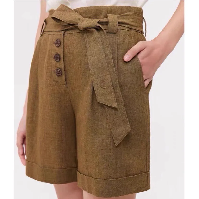 

Women Pants Summer Tan Belt High Waist Casual Pure Linen Hem Shorts Small Cargo Pants Slim Korean Version
